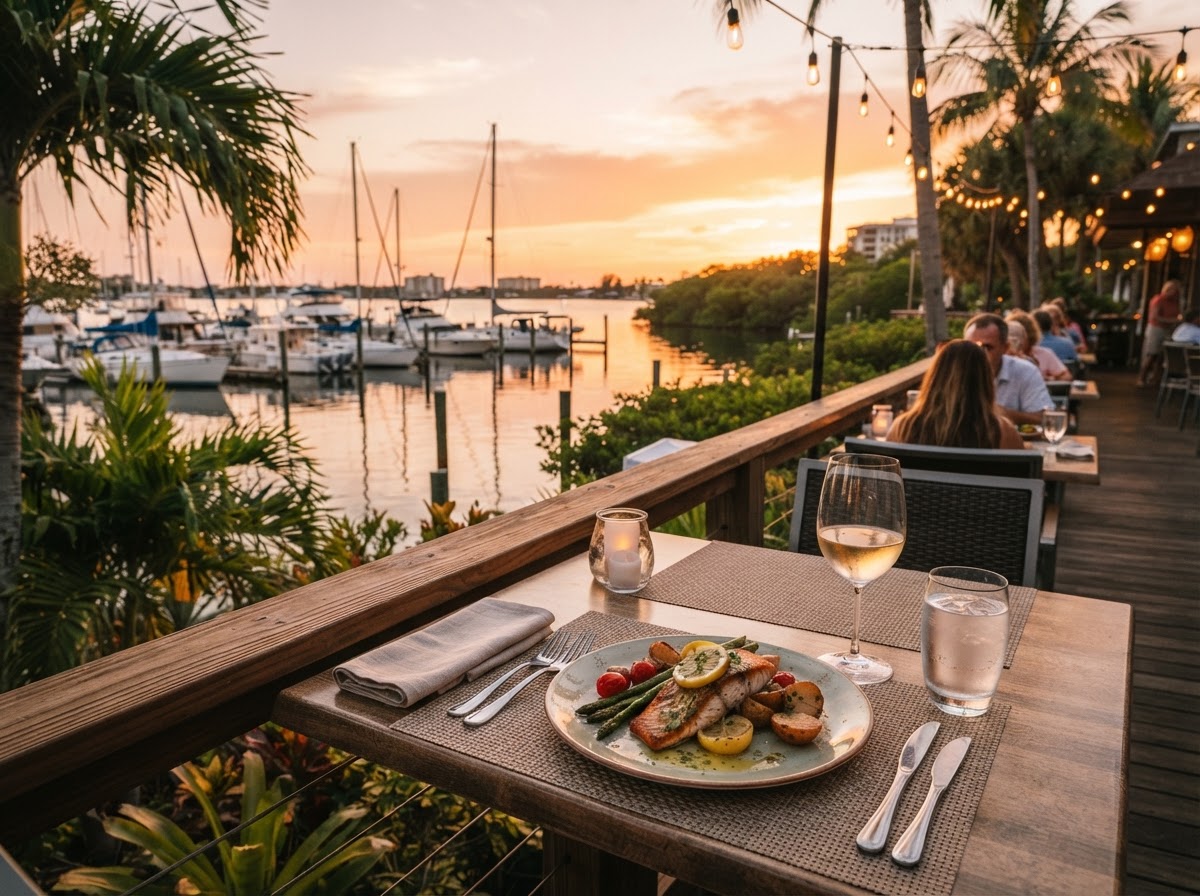 Waterfront dining scene in Southwest Florida at golden hour