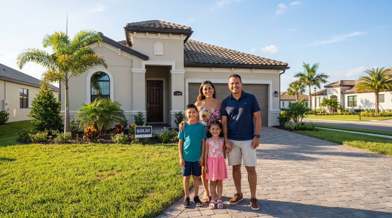 A Hispanic Latino family of four standing happily in front of a new construction single-family home in a Southwest Florida neighborhood