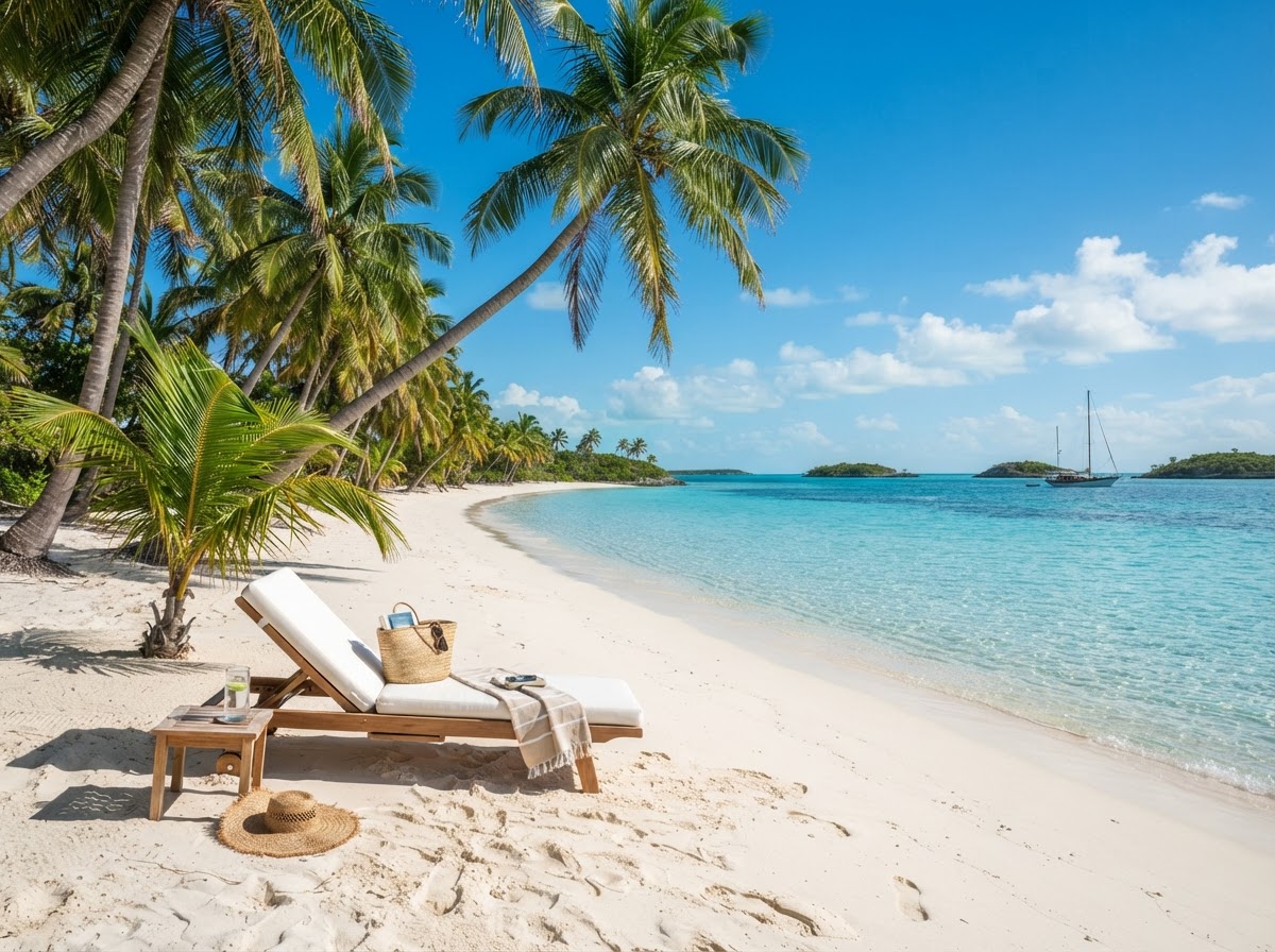 Tropical Caribbean shoreline with turquoise water, white sand and palm trees