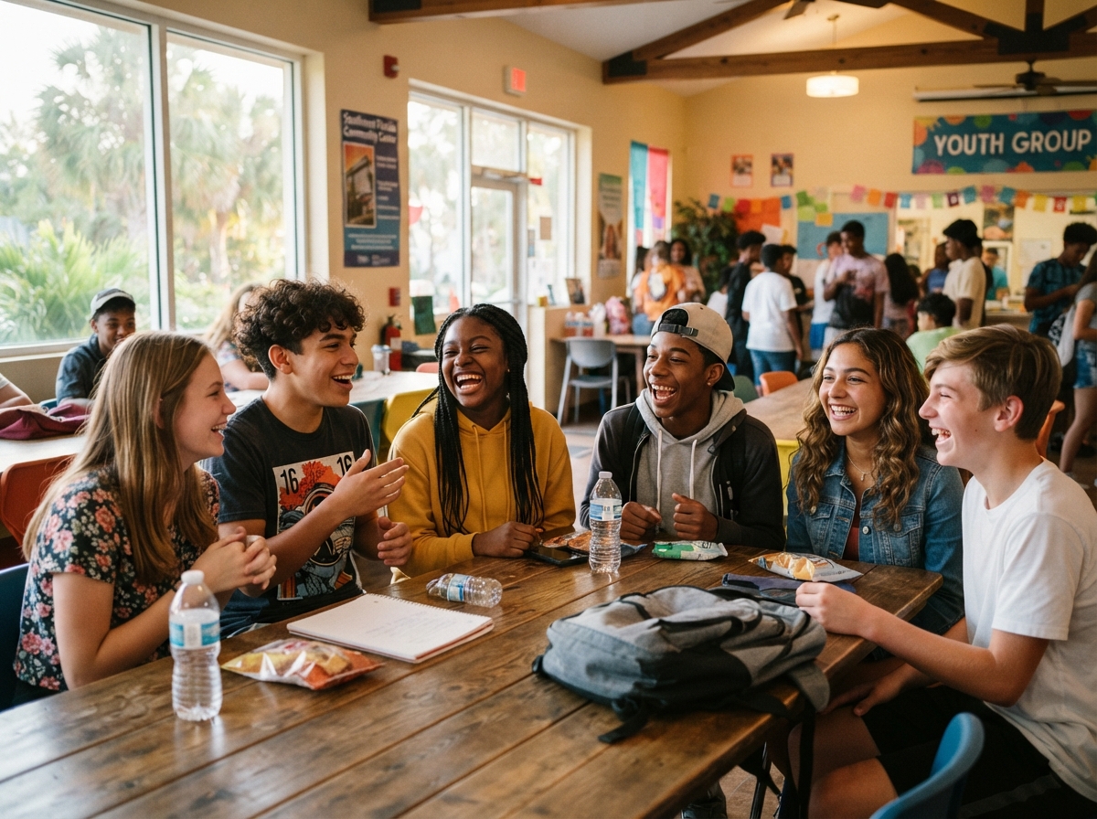 Diverse group of teenagers at a Southwest Florida youth group gathering