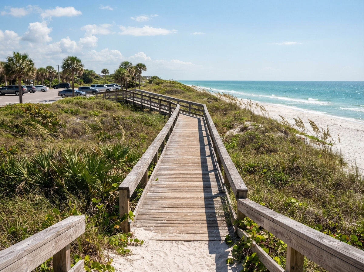 Beach access boardwalk over dunes