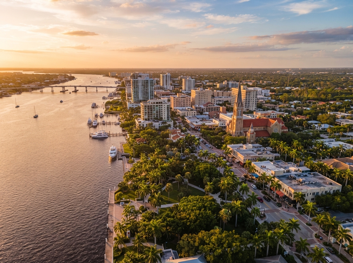 Aerial view of Fort Myers Florida downtown waterfront with a church steeple