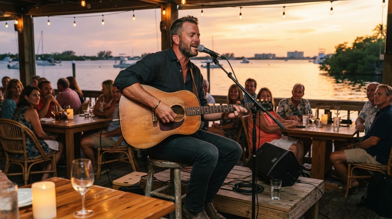 Solo acoustic singer-songwriter performing at a coastal Southwest Florida venue