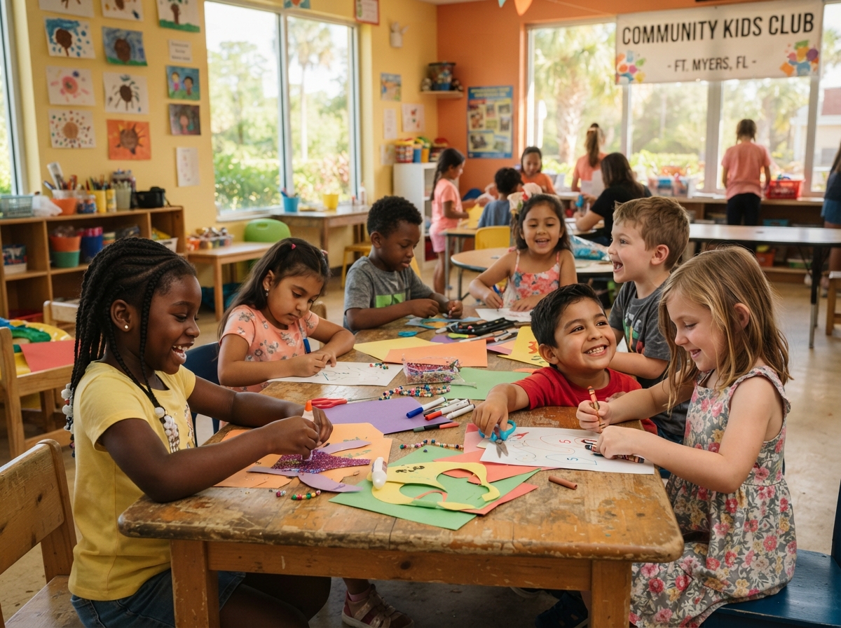 Diverse group of children doing crafts at a Southwest Florida children's program