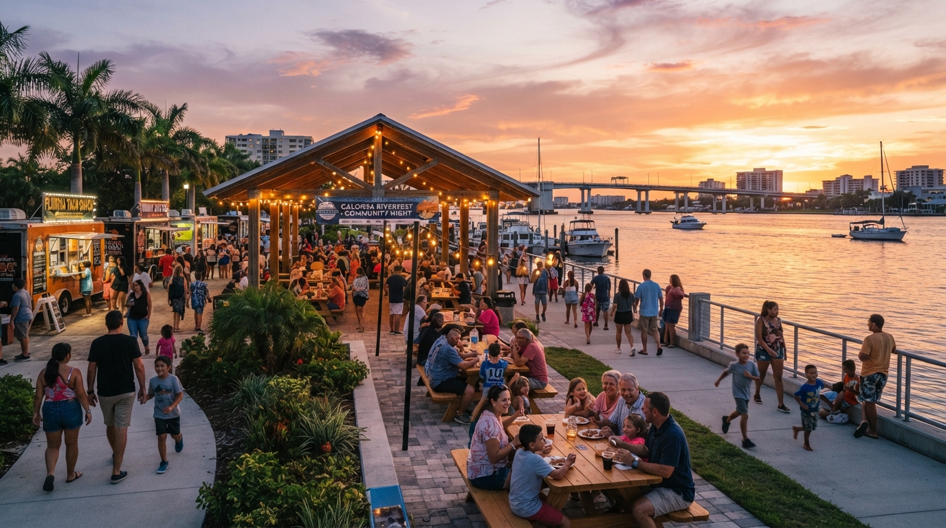 Outdoor waterfront community event at a Southwest Florida riverside park at sunset