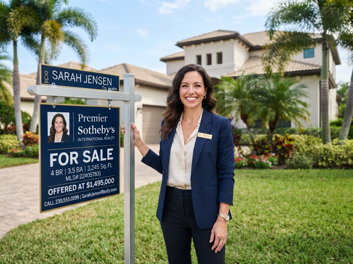 Professional female real estate agent smiling in front of a Southwest Florida home for sale sign