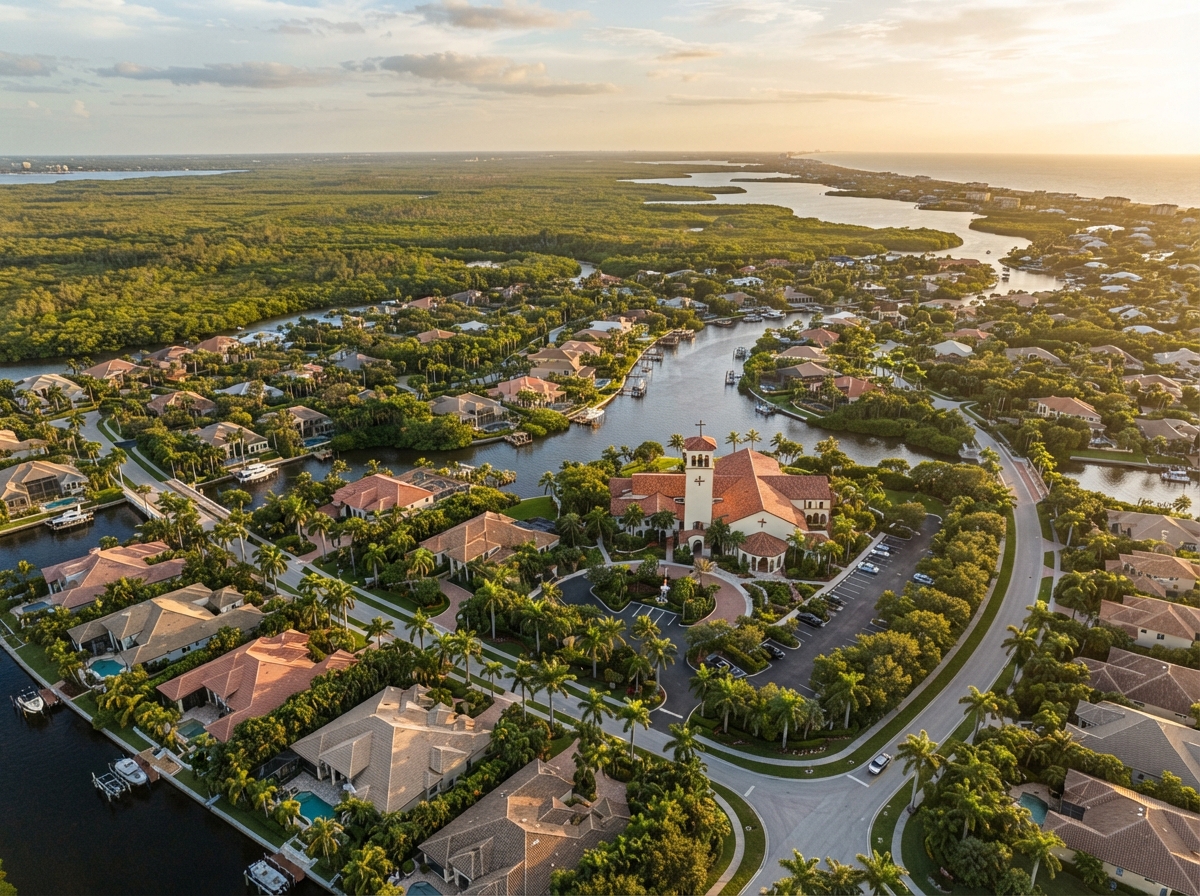 Aerial view of Bonita Springs Florida with neighborhoods and a place of worship