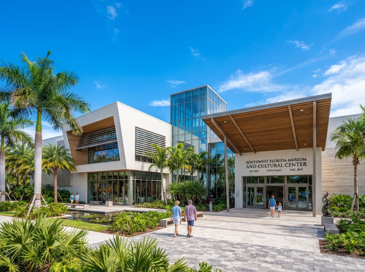Modern Southwest Florida museum and cultural center with palm trees