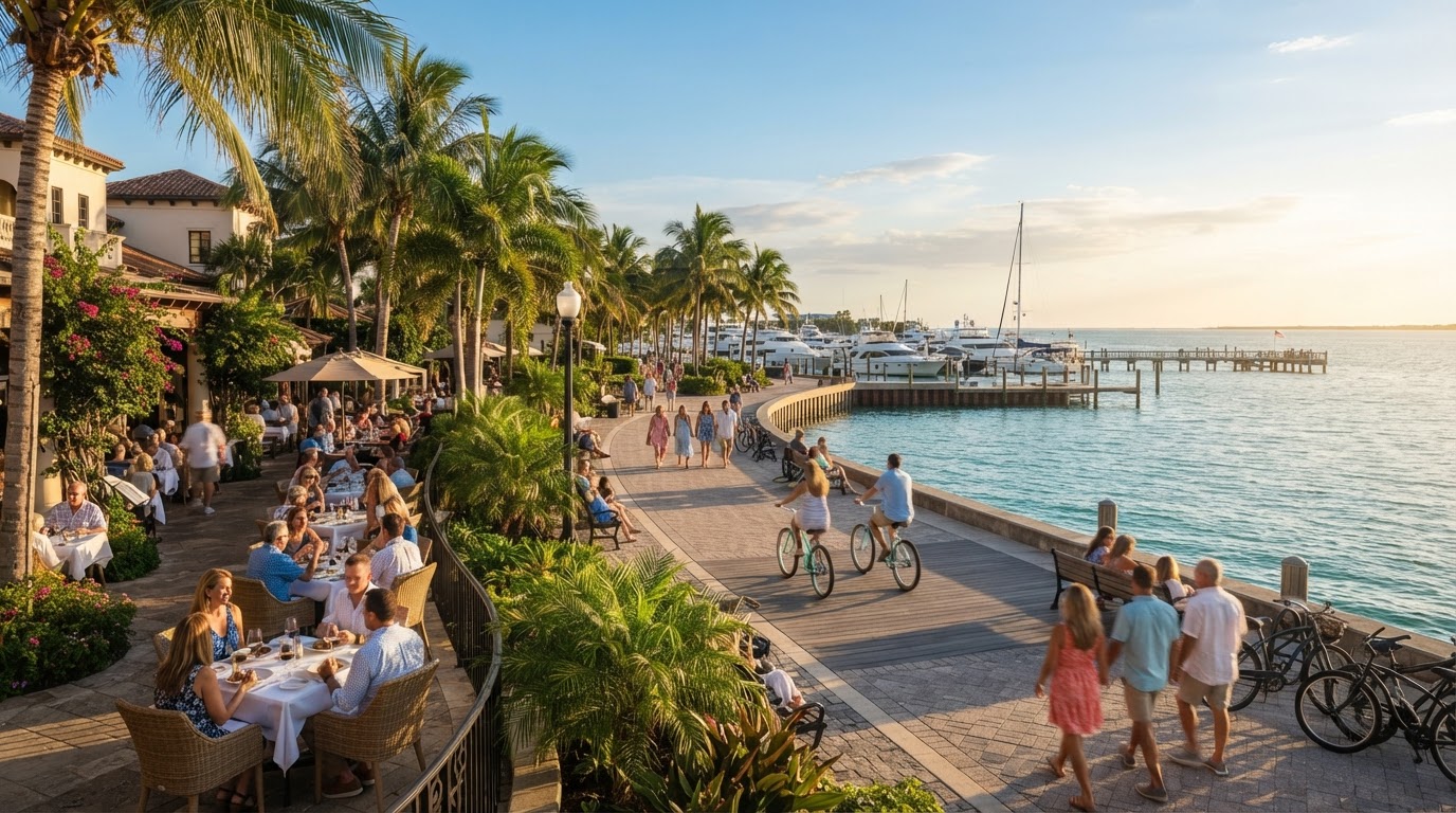 Southwest Florida coastal lifestyle promenade with palm trees and outdoor dining