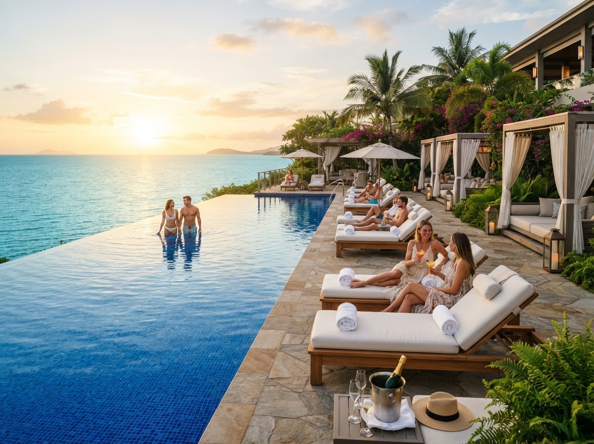 Upscale resort infinity pool overlooking the ocean at golden hour