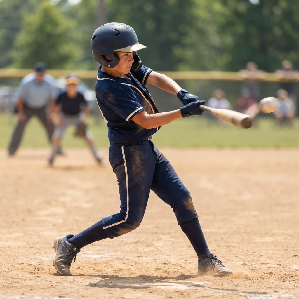 Fictional demo hitter Jordan M. hitting an RBI double (sample photo)