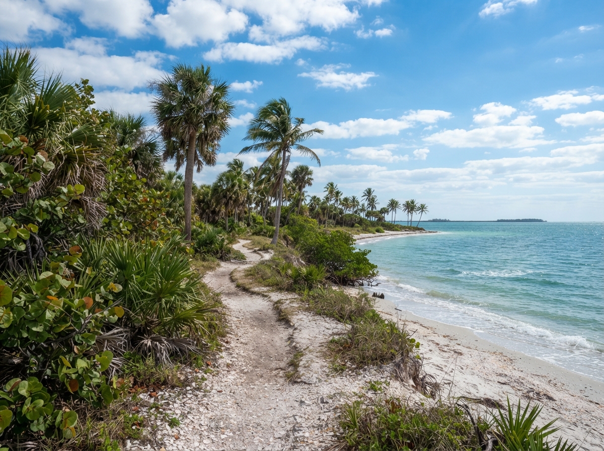 Coastal trail with palm trees and Gulf of Mexico view