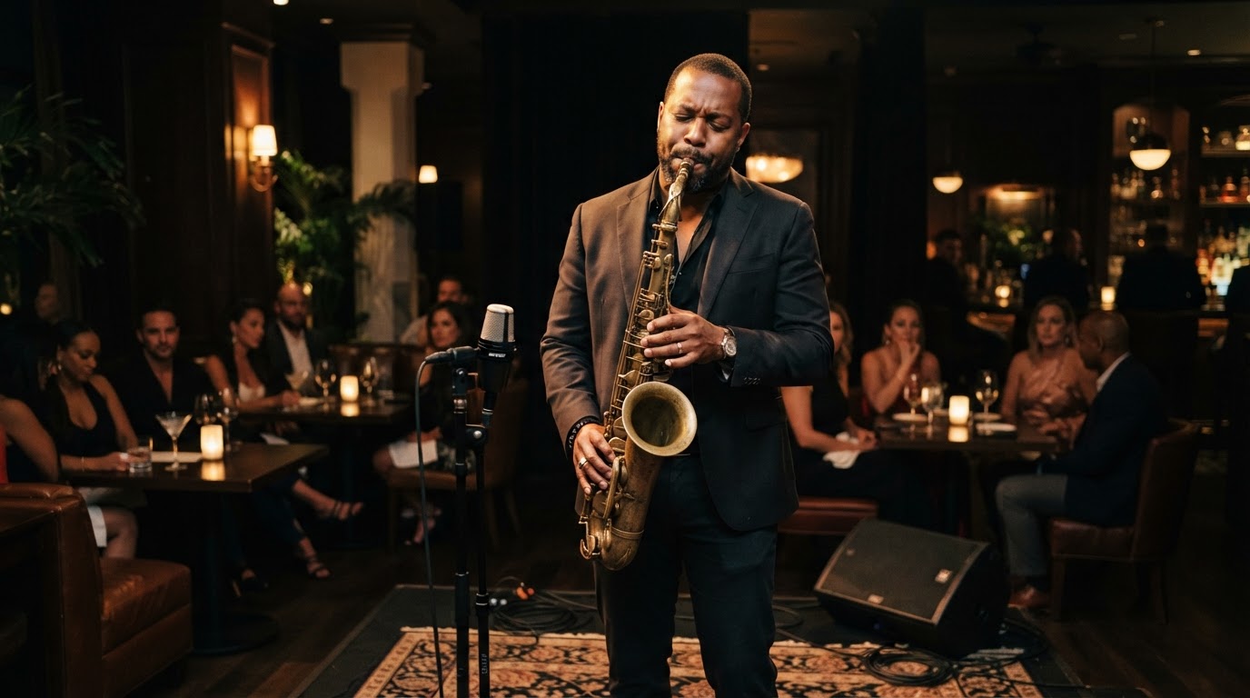 Solo jazz saxophone player in a dimly lit upscale lounge in Southwest Florida