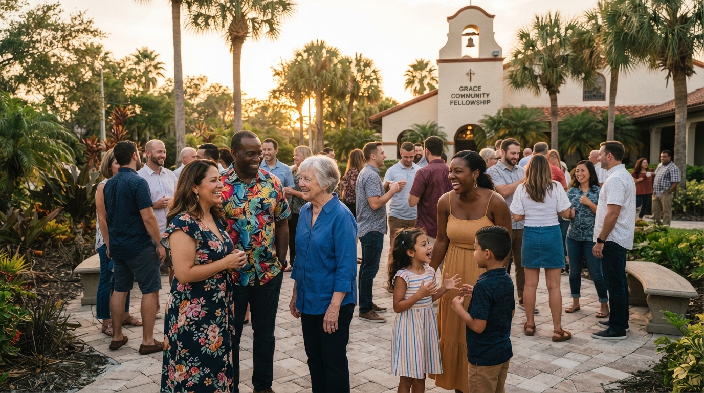 Diverse group of people of different ethnicities gathered outside a Southwest Florida place of worship after a service