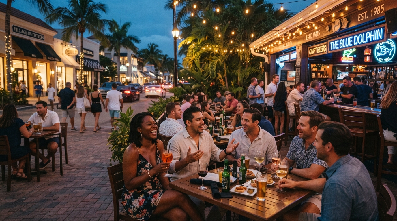 Southwest Florida open-air nightlife and city street with bars and people sitting outside in the evening