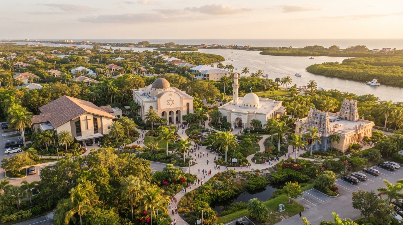 Aerial view of diverse Southwest Florida places of worship — a church, synagogue, mosque, and temple among palm trees at golden hour