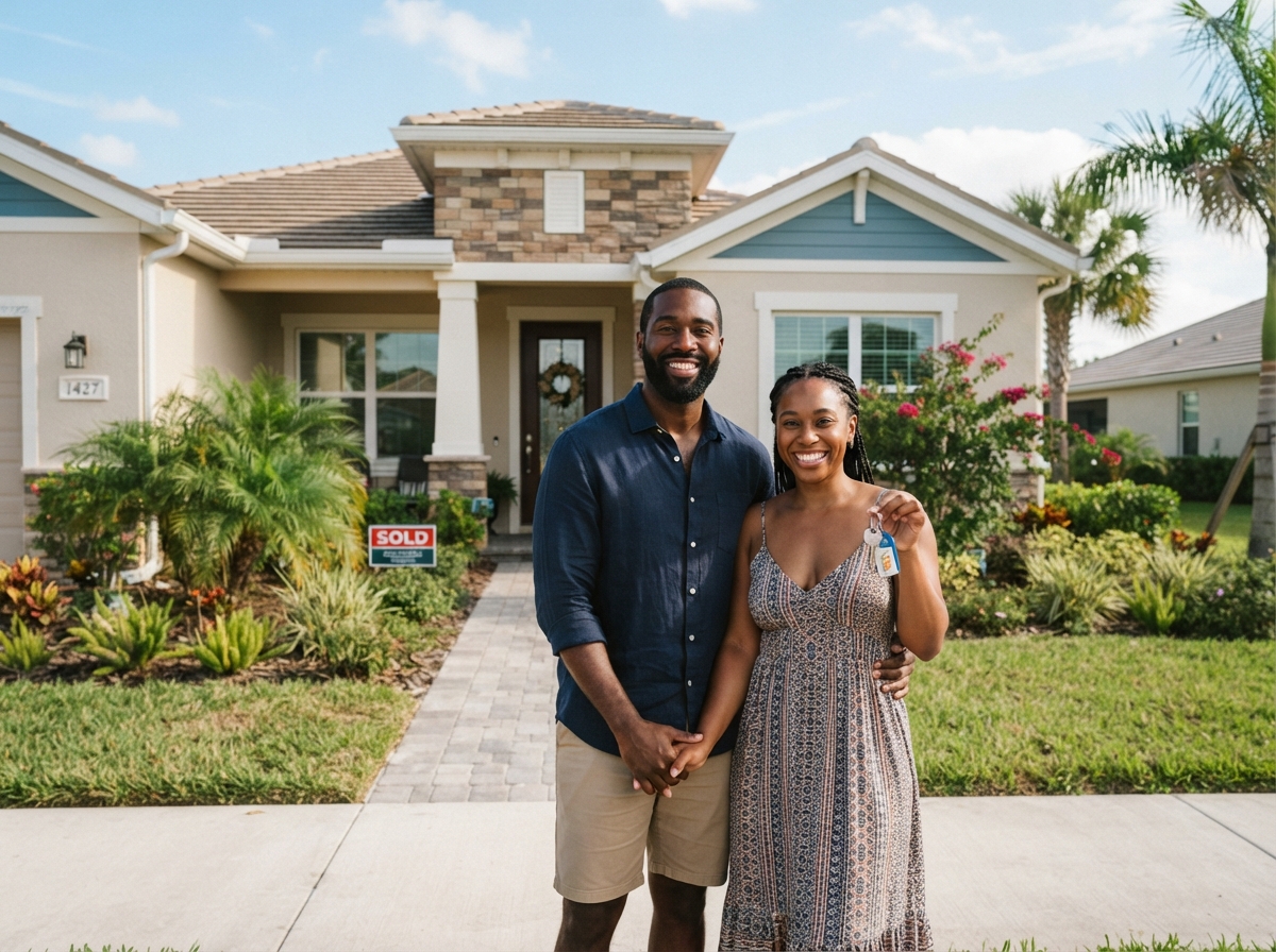 A Black couple holding hands and smiling in front of a Southwest Florida home they just bought, holding keys