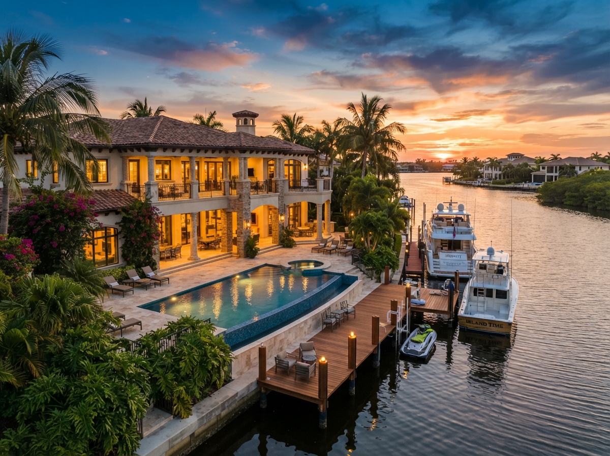 Luxury Southwest Florida waterfront mansion with a pool, dock, and yachts on a canal at sunset