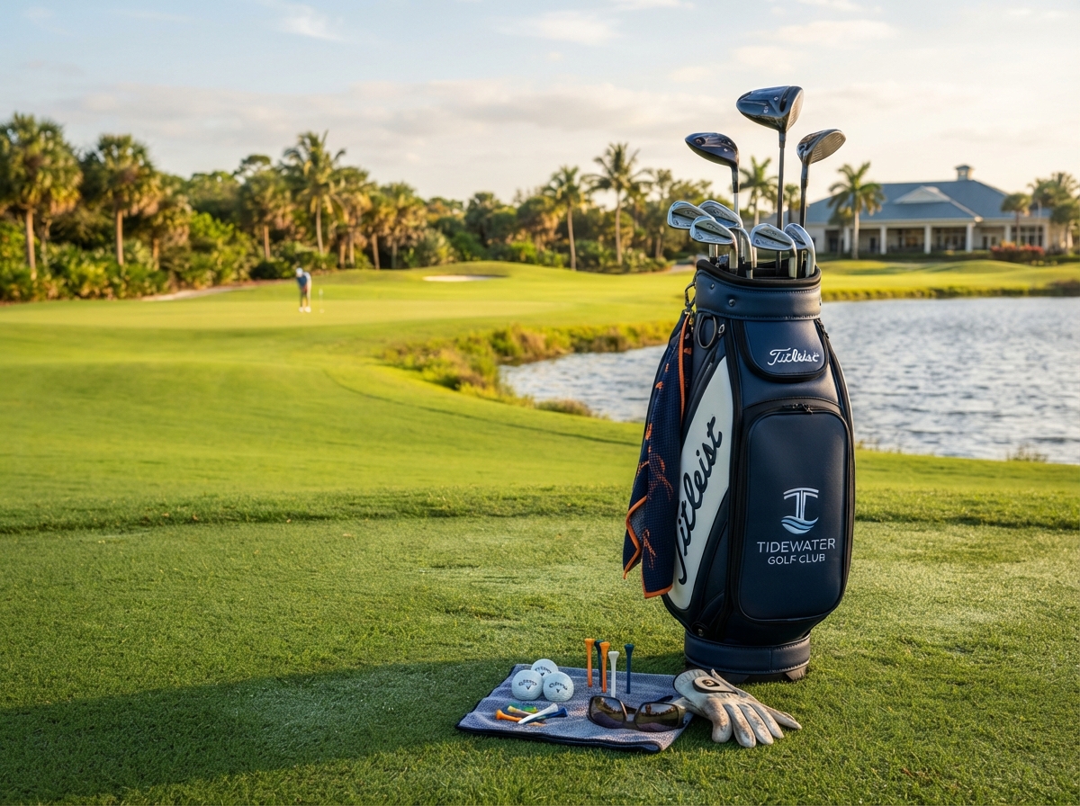 Golf bag with clubs, balls, tees, glove and sunglasses on a Southwest Florida course