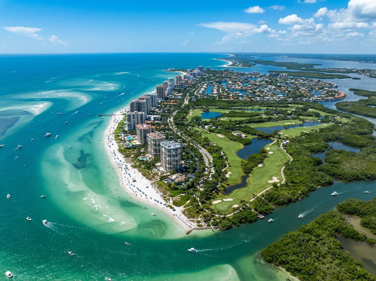 Aerial view of Marco Island Florida coastline with a nearby golf course