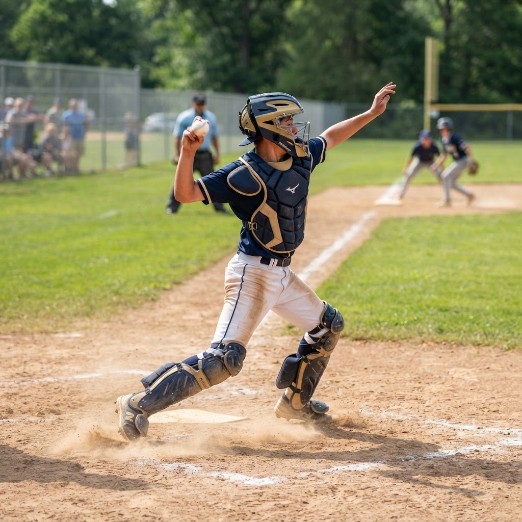 Fictional demo catcher Jordan M. throwing down to second base to catch a runner stealing (sample photo)