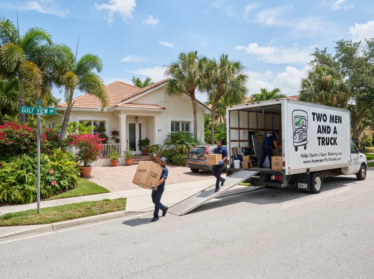 A moving truck parked outside a Southwest Florida home with movers carrying boxes