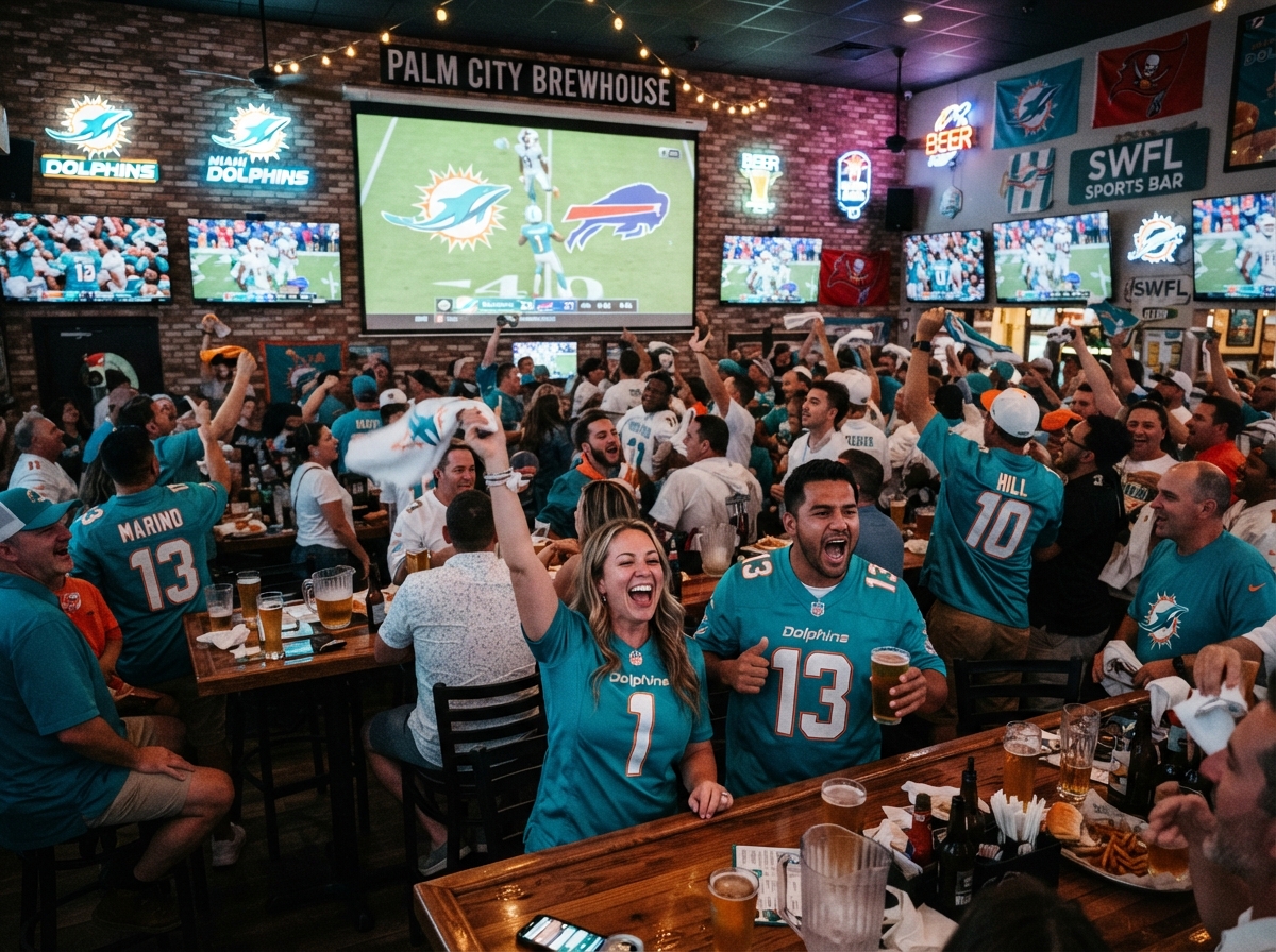 Fans cheering while watching a game at a Southwest Florida sports bar