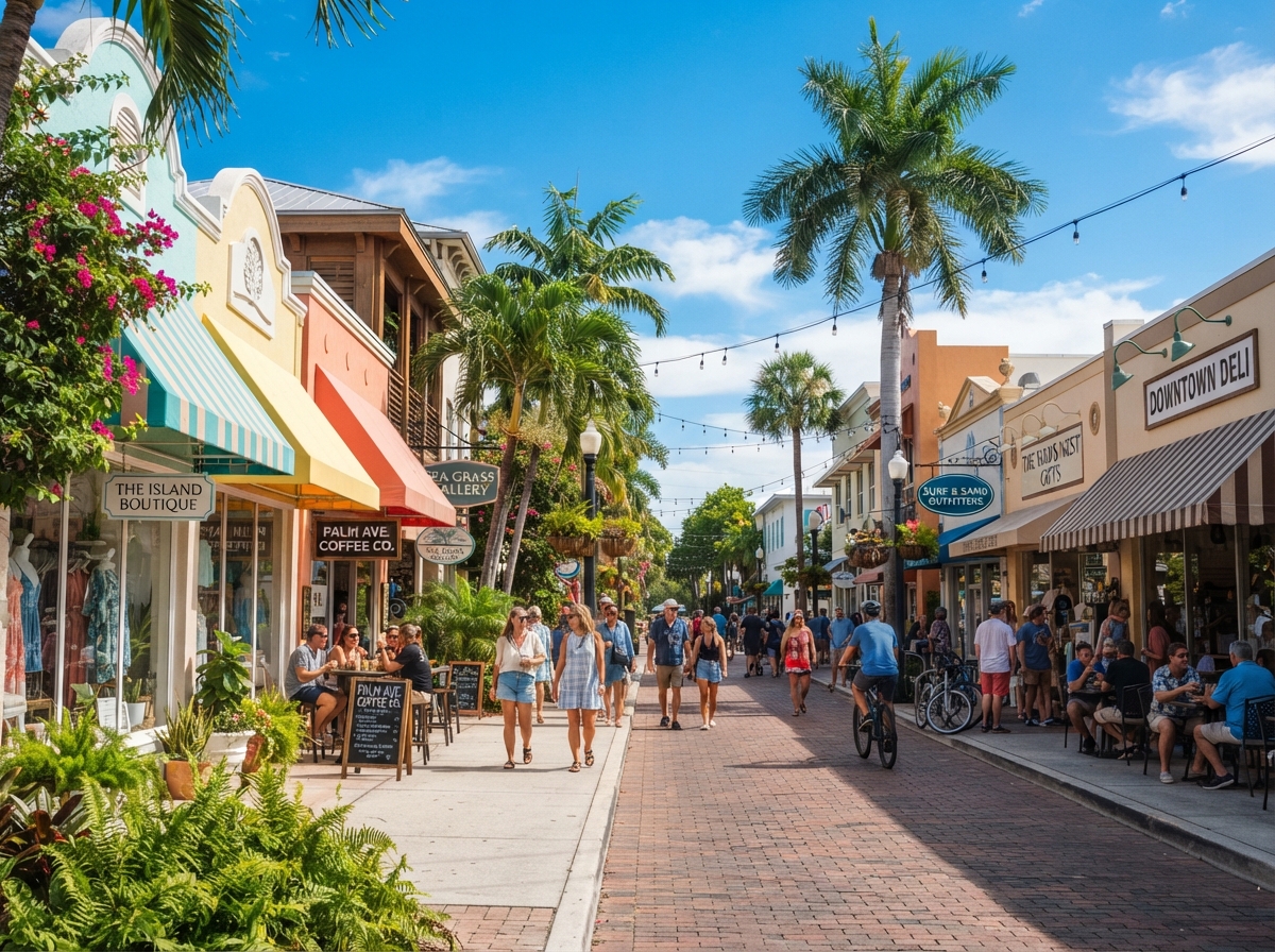 Walkable Southwest Florida downtown shopping district with local storefronts