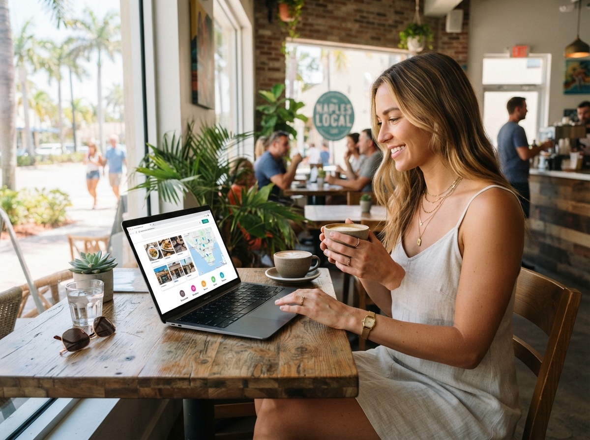 Person browsing a local discovery website on a laptop at a Southwest Florida cafe