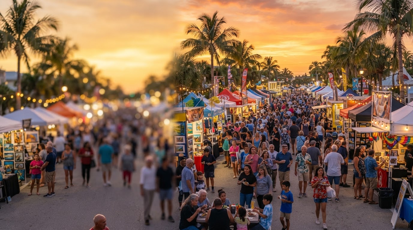 Large Southwest Florida community street festival with vendor booths, food and a diverse crowd enjoying live entertainment at sunset