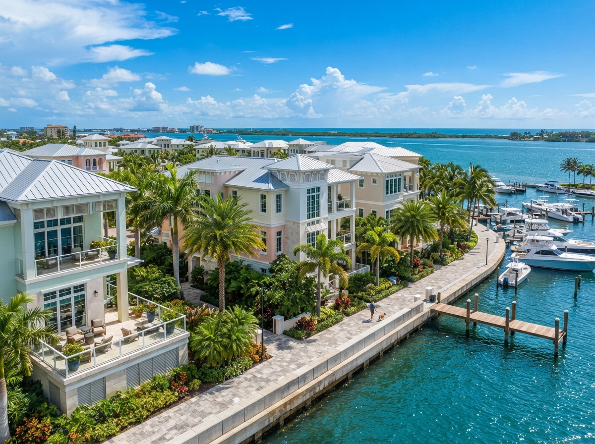 Modern Southwest Florida townhomes and condos in a coastal community with palm trees and blue sky