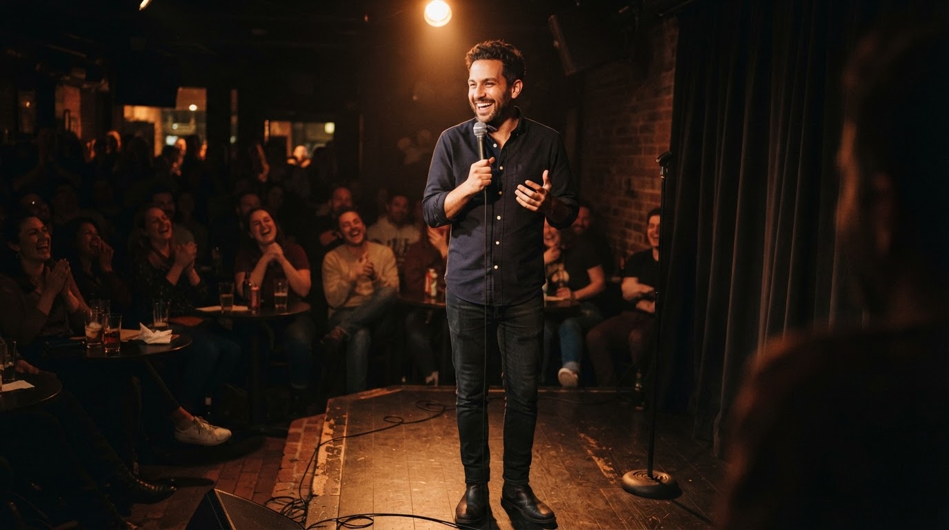 Stand-up comedian performing on a small club stage in Southwest Florida