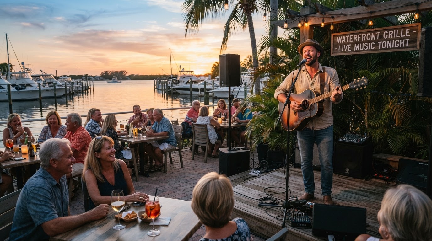 Live music performance at a Southwest Florida waterfront restaurant at golden hour
