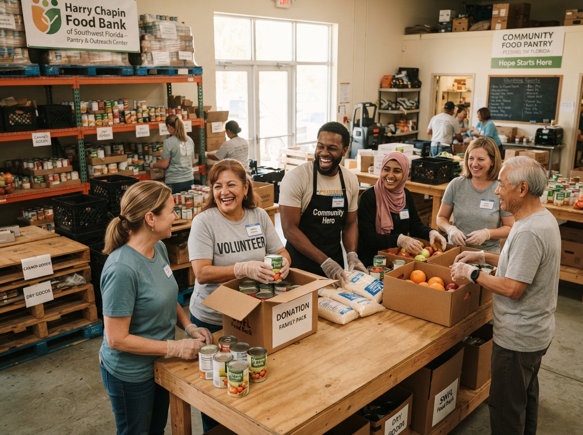 Diverse volunteers packing food at a Southwest Florida community food pantry