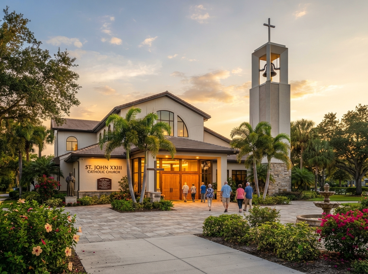 Welcoming Catholic church exterior in Southwest Florida with a bell tower and palm trees