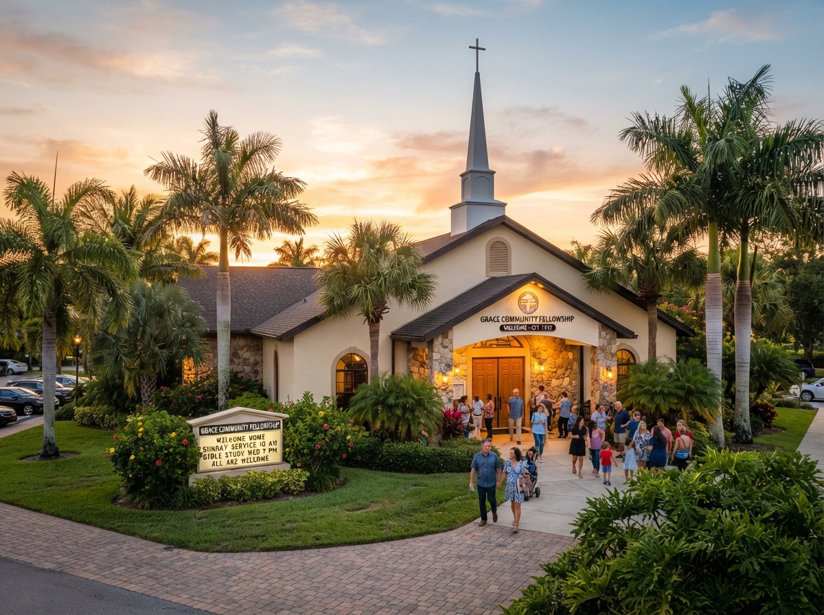 Welcoming Baptist church building in Southwest Florida with a steeple and palm trees