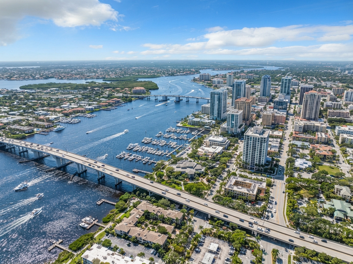 Aerial view of Fort Myers Florida downtown riverfront skyline with the Caloosahatchee River and bridges