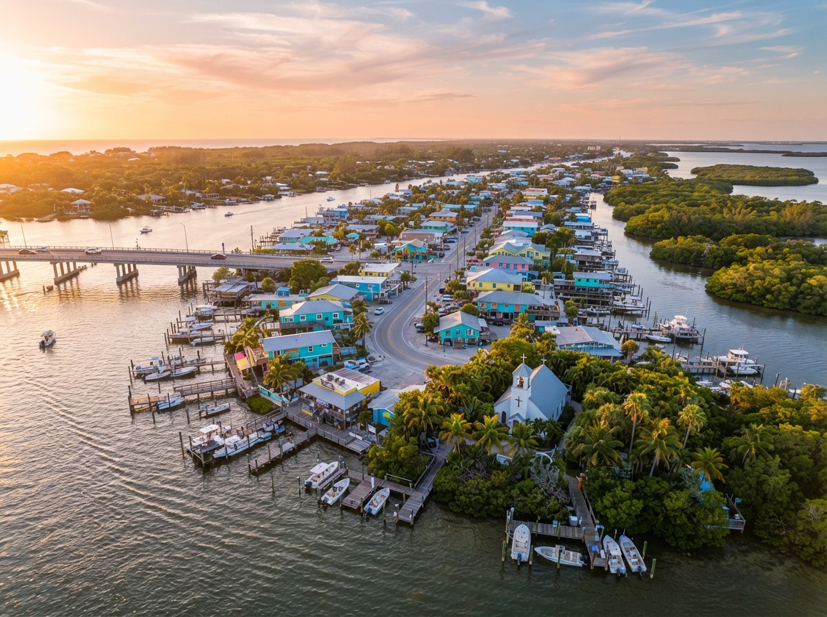 Aerial view of Pine Island and Matlacha Florida waterfront with a small chapel