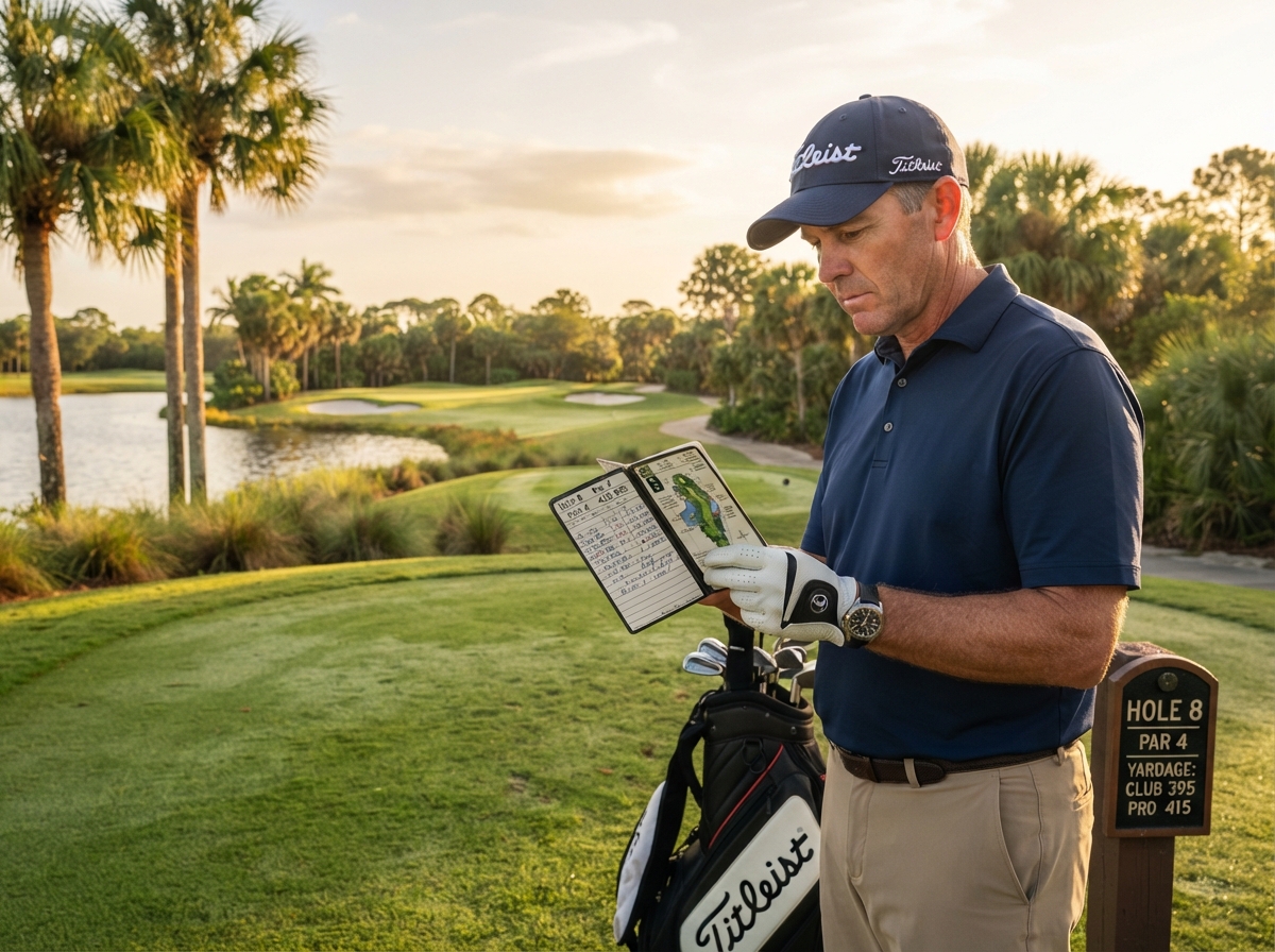 Golfer studying a course layout and yardage book on a Southwest Florida tee box