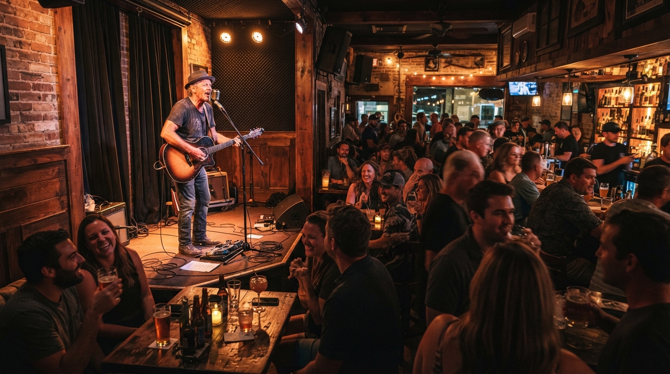 Live music bar with a performer on stage and engaged audience enjoying drinks in Southwest Florida