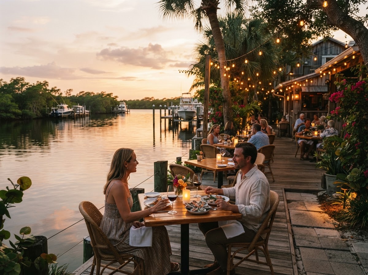 An intimate waterfront restaurant patio in Southwest Florida at golden hour