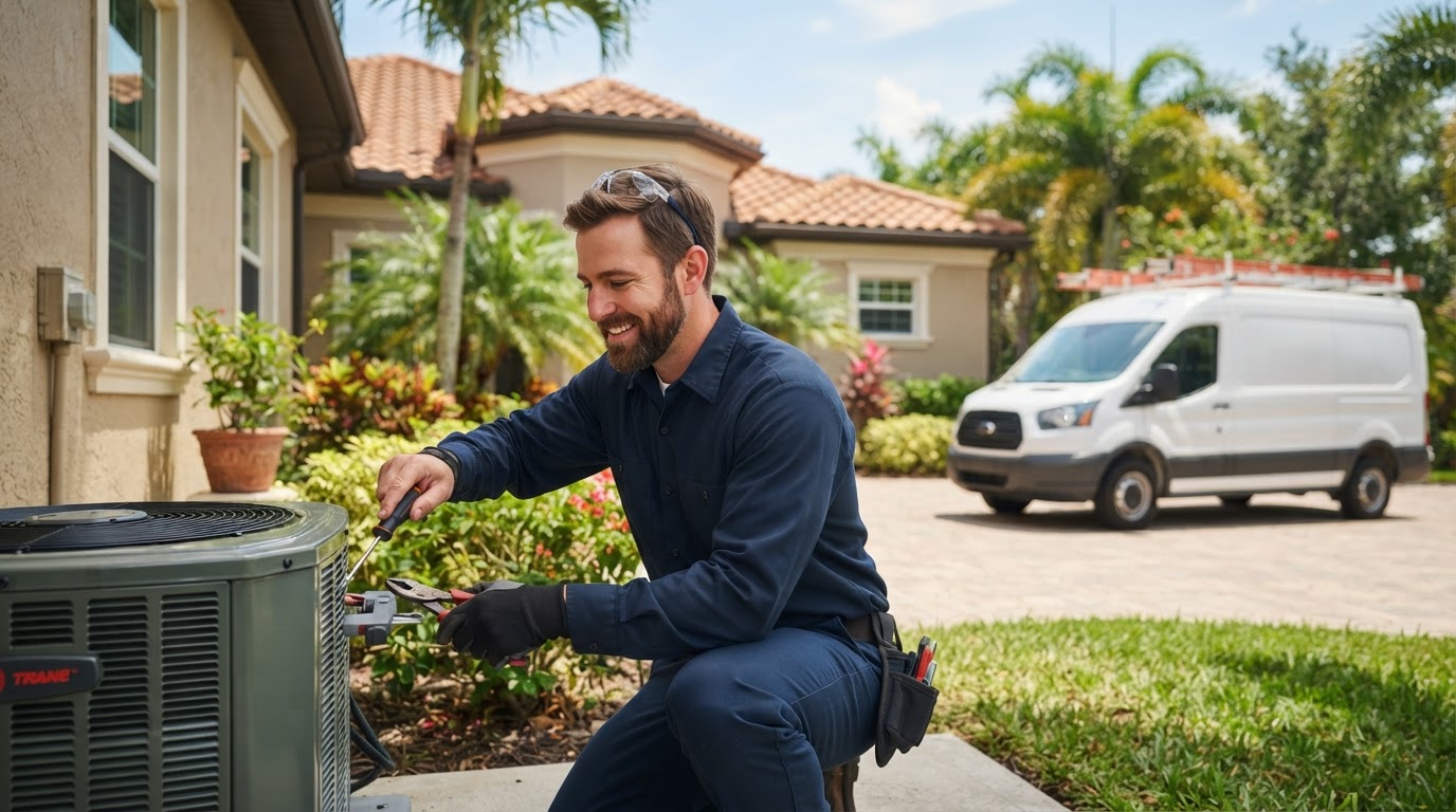 Friendly home services contractor working at a bright Southwest Florida residence