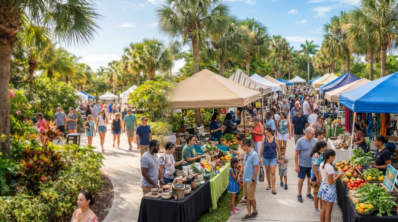Southwest Florida farmers market with vendor tents, local produce and a diverse crowd of artisans and shoppers