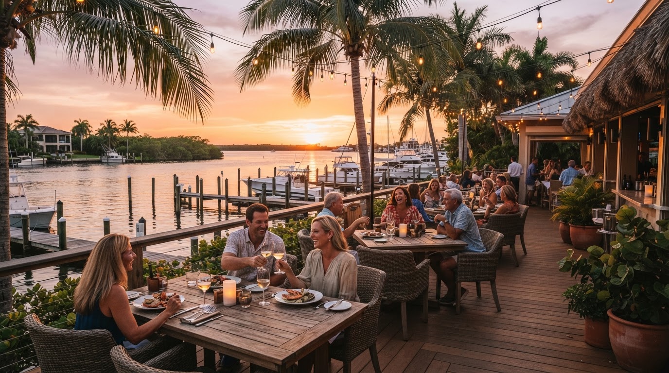 Waterfront restaurant patio at golden hour in Southwest Florida