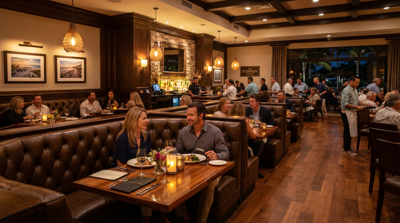 Polished indoor dining room with leather booth seating at a Southwest Florida restaurant