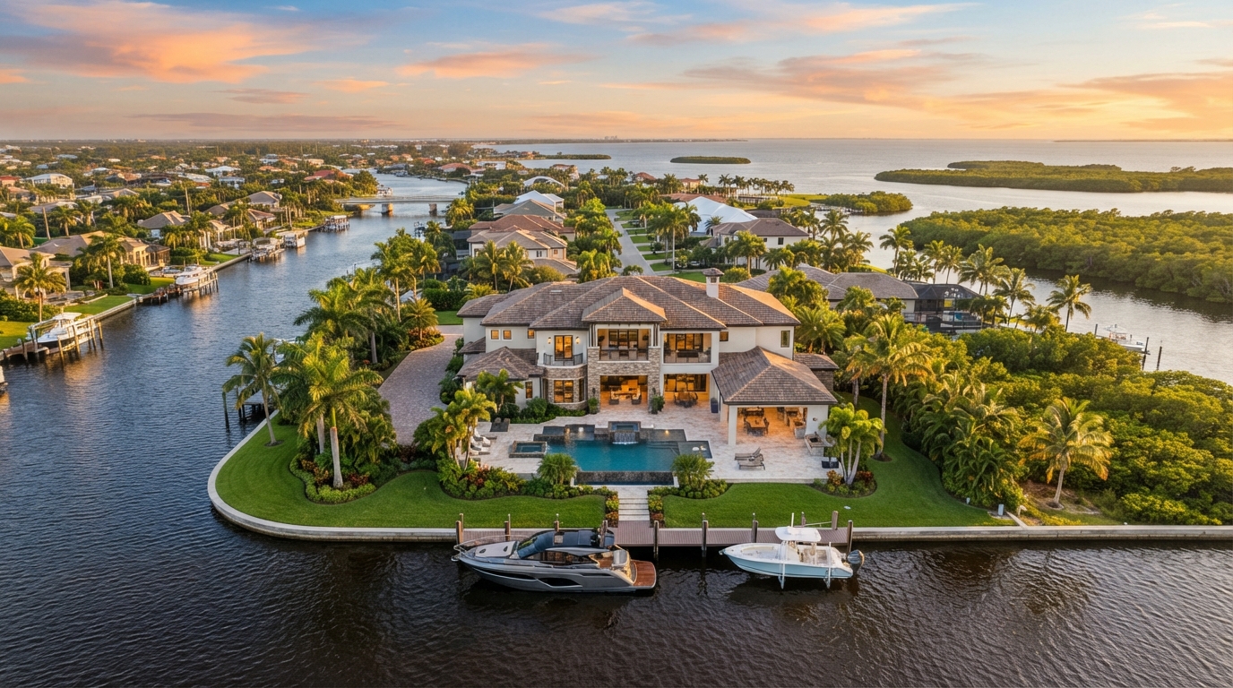 Aerial view of a luxurious Southwest Florida waterfront home with a pool, palm trees, and a canal at golden hour