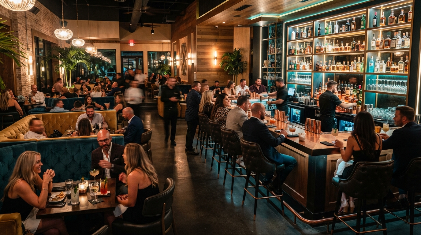 Modern late-night bar interior with rich warm lighting and stylish lounge seating in Southwest Florida
