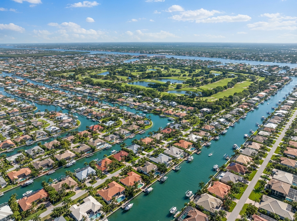 Aerial view of Cape Coral Florida canals with a nearby golf course