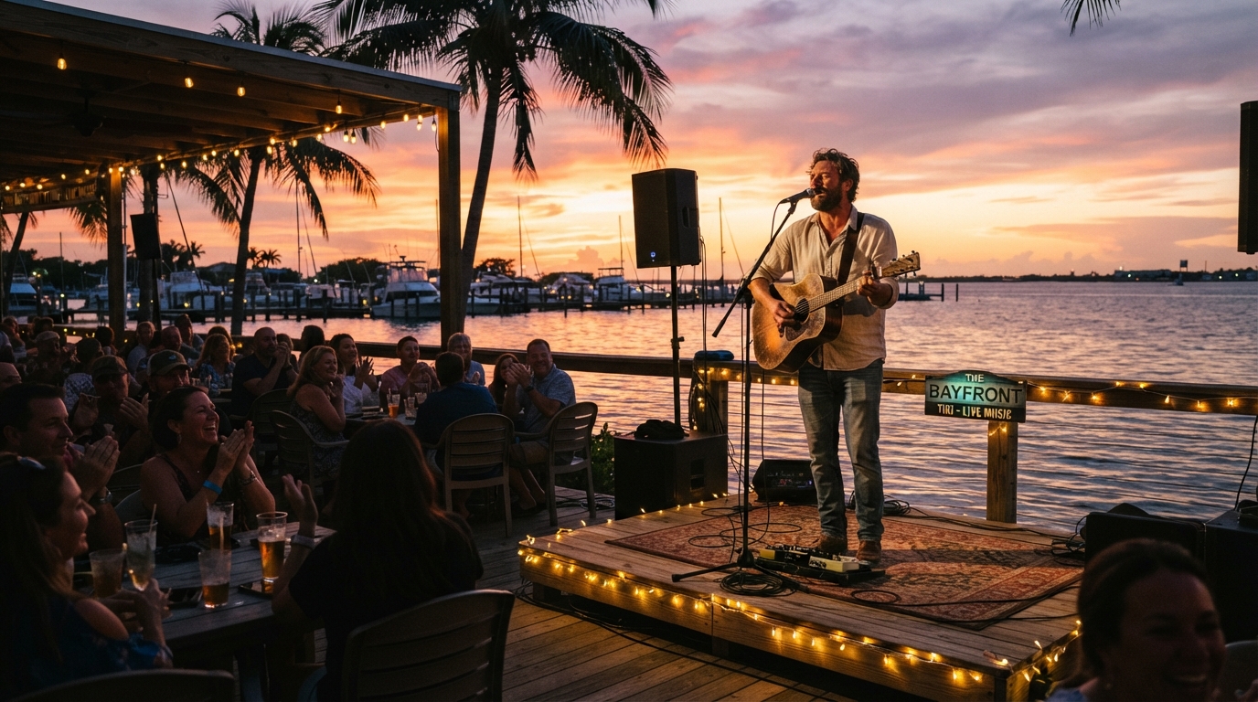 Live musician performing at a Southwest Florida waterfront venue at sunset