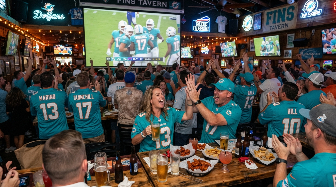 Sports bar watch party with fans cheering a football game on big screens